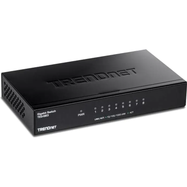TRENDnet TEG-S83 8-Port Gigabit Desktop Switch, 8 x Gigabit RJ-45 Ports, 16 Gbit/s Schaltleistung, lüfterloses Design, Metallgehäuse