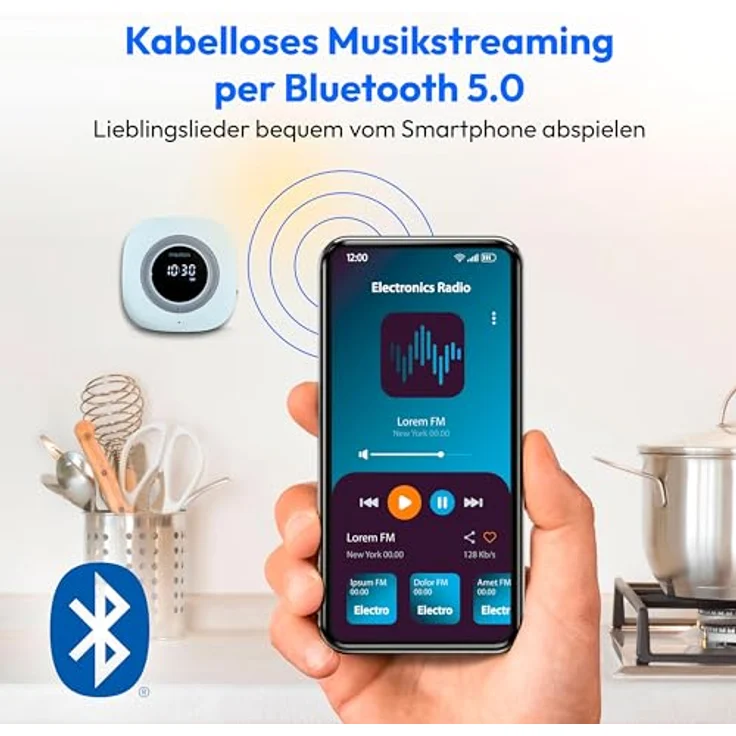 MEDION P66096 Duschradio mit Bluetooth (Badradio, UKW Radio, Saugnapf, LED-Display, IPX6 Wasserdicht, integrierter Akku, MD43884) blau – Bild 5