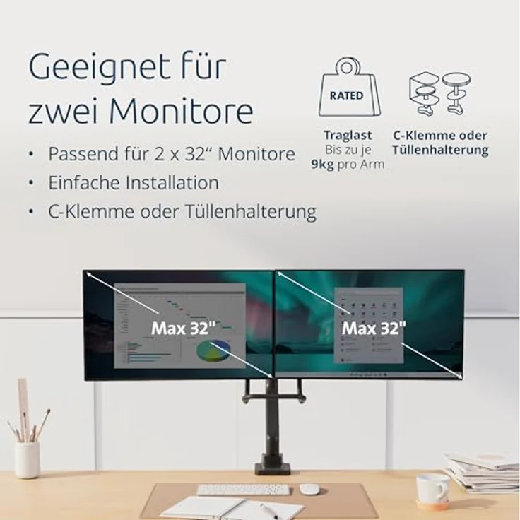 Kensington SmartFit Dual Monitor Arm, Gasfeder Monitor Halterung für zwei 32-Zoll Monitore, grau – Bild 6