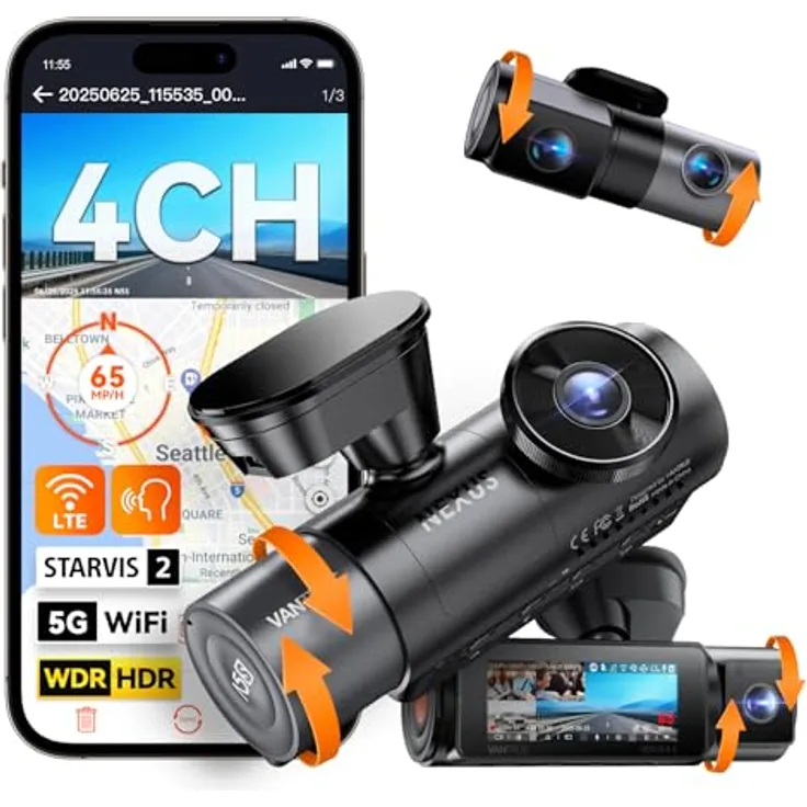 VANTRUE N5S 4 Kanal STARVIS 2 Dashcam, 2.7K+ 1080P+ 1080P+ 1440P, HDR+ WDR, 5G WLAN, Sprachsteuerung, GPS, 24Std. Puffer Parkmodus, Max 1TB Speicher