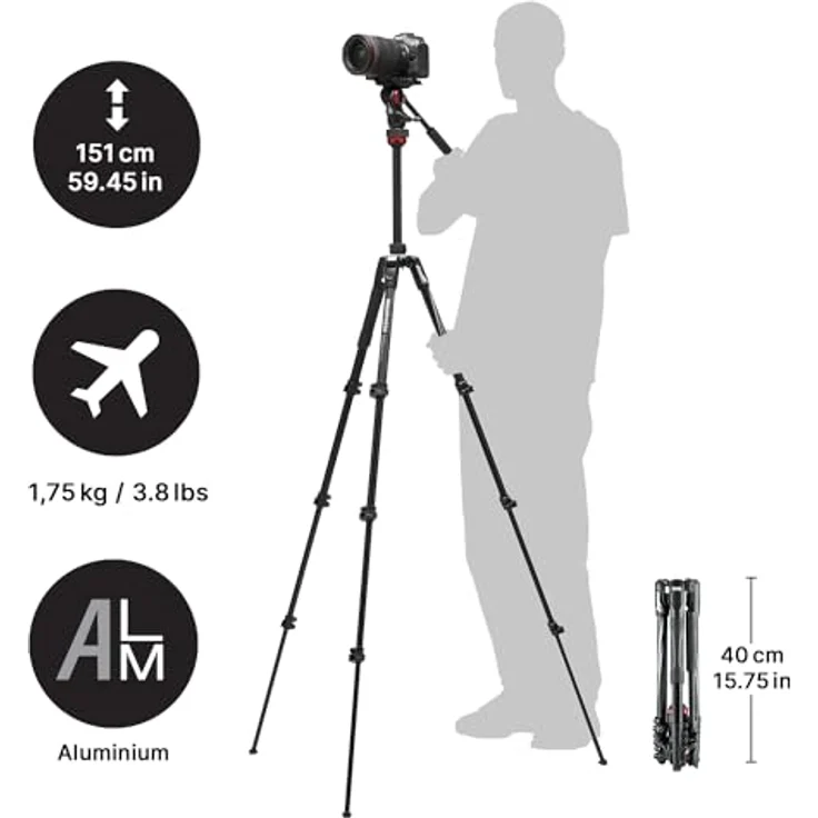 Manfrotto Befree Live Alu Reisestativ QPL (Klemmverschluss, mit Fluid-Video Kopf inkl. Tasche, Traglast: 4kg, Packmaß: 40cm, Gewicht: 1,75kg) – Bild 3
