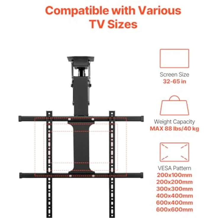 VEVOR motorisierte TV Deckenhalterung, höhenverstellbar für 32-65 Zoll Fernseher, max. VESA 60x60 cm, bis 40 kg tragfähig, mit Fernbedienung und Neigungsverstellung bis -75° – Bild 3