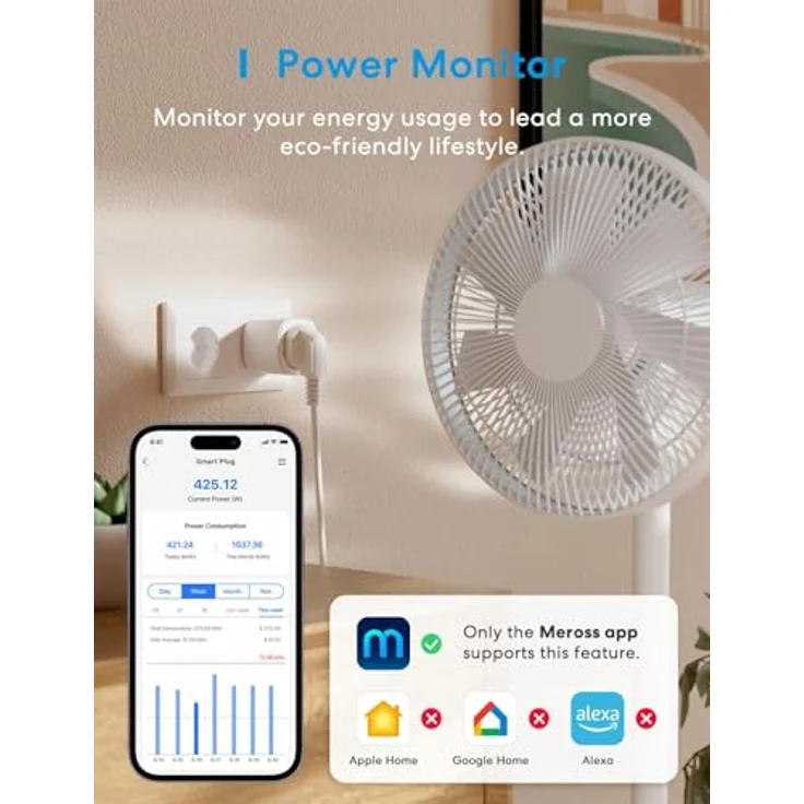 meross Matter WLAN Steckdose, Smart-Steckdose mit Stromverbrauchsmessung, kompatibel mit Apple Home, Alexa, Google Home, Sprachsteuerung, Fernzugriff, 16A – Bild 2