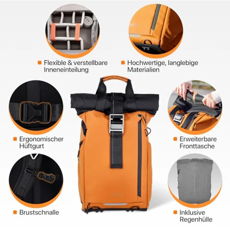 Rollei Fotoliner Ocean Rolltop, Wasserdichter 20L Kamerarucksack mit Laptopfach und Stativhalter, Orange – Bild 4