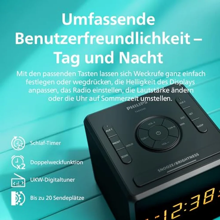 Philips TAR4500, Dual-Alarm FM Radiowecker mit USB-C-Ladeanschluss, großer gut ablesbarer Anzeige und digitalem UKW-Tuner – Bild 4