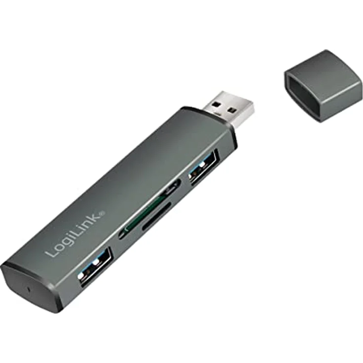 LogiLink USB 3.2 (Gen2) 2-Port Hub mit Kartenleser für microSD- und SD-Karten, Aluminiumgehäuse mit Schutzkappe – Bild 1