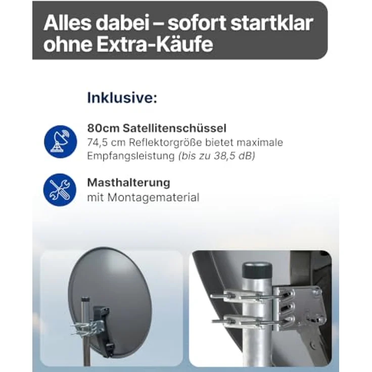 Schwaiger Aluminium Satellitenschüssel 80 cm, Anthrazit, Offset Antenne mit hoher Empfangsreserve und LNB Tragarm – Bild 3