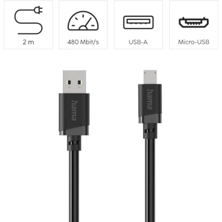 Hama 201804 USB A auf Micro-USB B Ladekabel, 2 m, 0,48 Gbit/s, schwarz – Bild 2