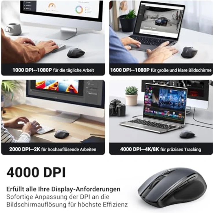 UGREEN Wireless-Maus mit 4000 DPI, Ergonomisches Design, 18 Monate Akkulaufzeit, kabellose Funkmaus für Laptop und Computer, kompatibel mit Windows, macOS, Linux (Schwarz) – Bild 3