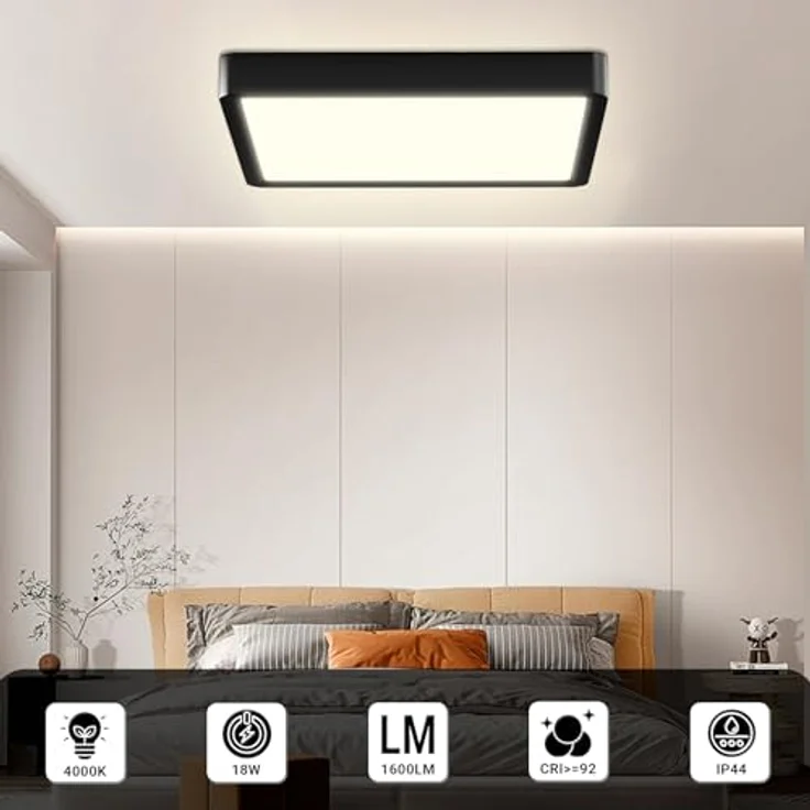 LQWELL® Deckenleuchte LED Deckenlampe, IP44 Wasserfest Badlampe Quadrat Flach 18W 4000K 1600LM, Modern Schlicht Lampe Dünn, 220 * 24mm, für Wohnzimmer Badezimmer Schlafzimmer Küche Flur Keller Büro – Bild 2