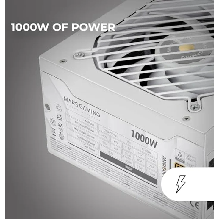 MARS GAMING MPB1000SIM, Vollmodulares ATX-Netzteil 1000W, 80Plus Gold 90%, 7 Jahre Garantie, SI Extreme Silence Lüfter 140mm, AI2-RPM, Weiß – Bild 2