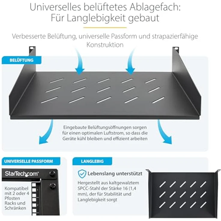 StarTech.com 2HE Belüftetes Server-Rack Fachboden, 31,5cm Tiefe, Perforierte Rackablage mit Tragkraft 11,3kg für 19" Racks – Bild 3