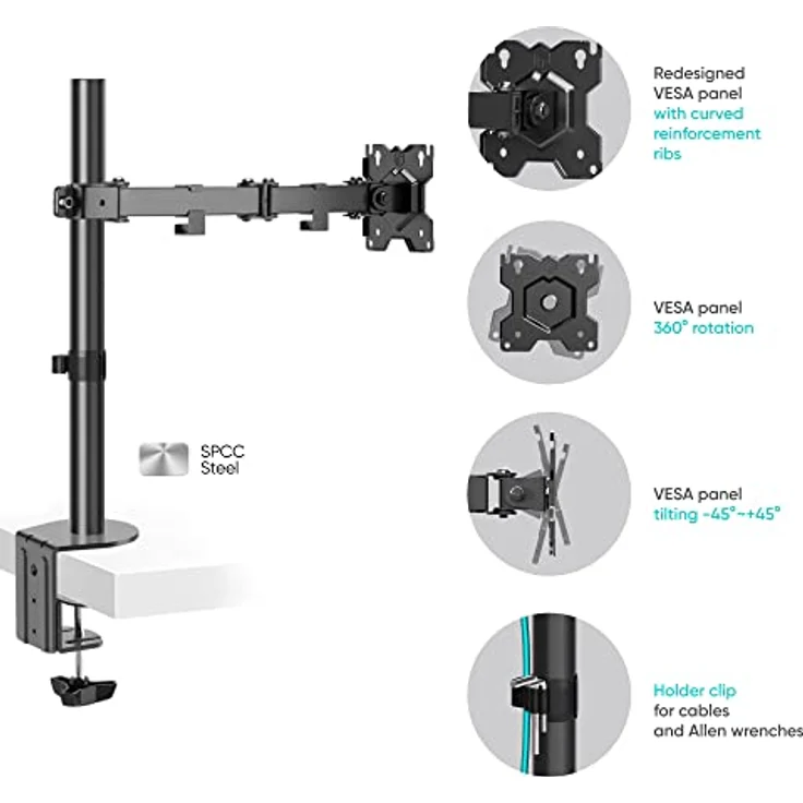 ONKRON Einearm Monitor Halterung, Full Motion für 13-34 Zoll Bildschirme, Display, neigbar, drehbar bis 8 kg, Tischhalterung, VESA 75x75/100x100 Schwarz – Bild 4