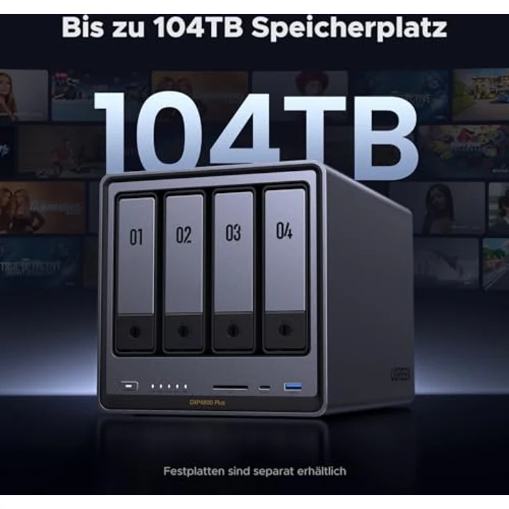UGREEN NASync DXP4800 Plus 4-Bay Desktop NAS, Intel Pentium Gold 8505 5-Core CPU, 8GB DDR5 RAM, 128G SSD, 1 * 10GbE, 1 * 2,5GbE, 2*M.2 NVMe-Steckplätze, 4K HDMI, Network Attached Storage (Diskless) in Schwarz – Bild 2