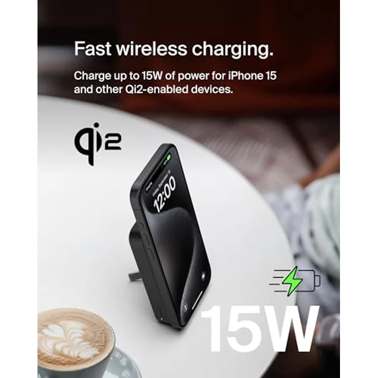 Belkin BoostCharge Pro kabellose Powerbank 8.000 mAh mit Qi2, MagSafe-kompatibles tragbares Ladegerät mit integriertem Ständer – Schwarz – Bild 2