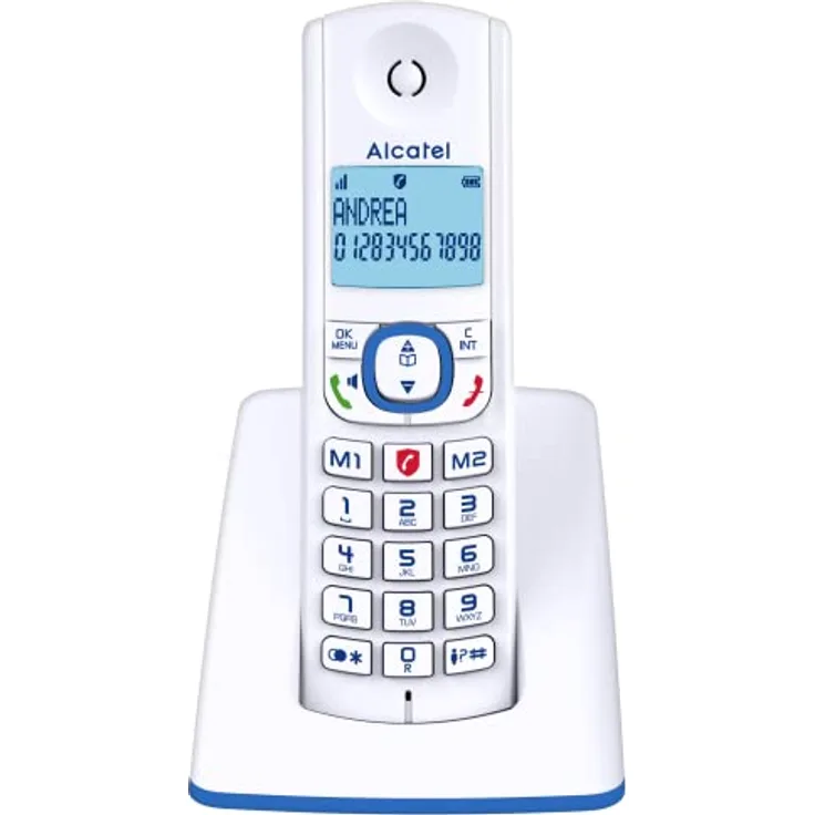 Alcatel F530 - Schnurloses Telefon mit erweiterter Anrufblockierung, Freisprecheinrichtung, großem Bildschirm mit Hintergrundbeleuchtung, VIP-Klingeltönen, 10 Anrufmelodien, weiß/blau