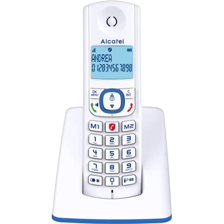 Alcatel F530 - Schnurloses Telefon mit erweiterter Anrufblockierung, Freisprecheinrichtung, großem Bildschirm mit Hintergrundbeleuchtung, VIP-Klingeltönen, 10 Anrufmelodien, weiß/blau – Bild 1