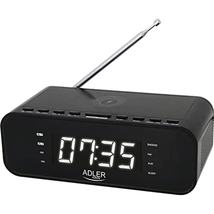 ADLER AD 1192B Radiowecker mit kabellosem Ladegerät Bluetooth 5.0 UKW-Radio 30 Sender Speicher Digitaler Wecker AUX-Eingang Snooze-Funktion Teleskopantenne (Schwarz)