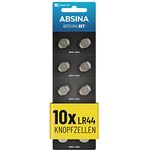 ABSINA AG13 LR44 Knopfzelle 10er Pack - 1,5V Alkaline Knopfbatterien auslaufsicher & langlebig, 10x AG13 LR44 Knopfzellen - Knopfbatterien - Silber