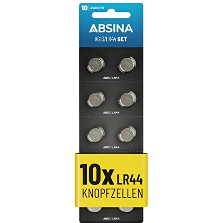 ABSINA AG13 LR44 Knopfzelle 10er Pack - 1,5V Alkaline Knopfbatterien auslaufsicher & langlebig, 10x AG13 LR44 Knopfzellen - Knopfbatterien - Silber – Bild 1