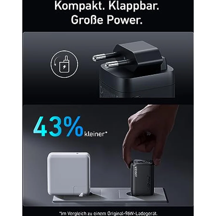 Anker 100W USB-C Ladegerät Prime GaN Netzteil, 3-Port PPS Schnellladegerät, Kompatibel mit MacBook Pro/Air, Pixelbook, iPad Pro, iPhone15/Pro, Galaxy S23, Note20 - Kleines klappbares Design – Bild 4
