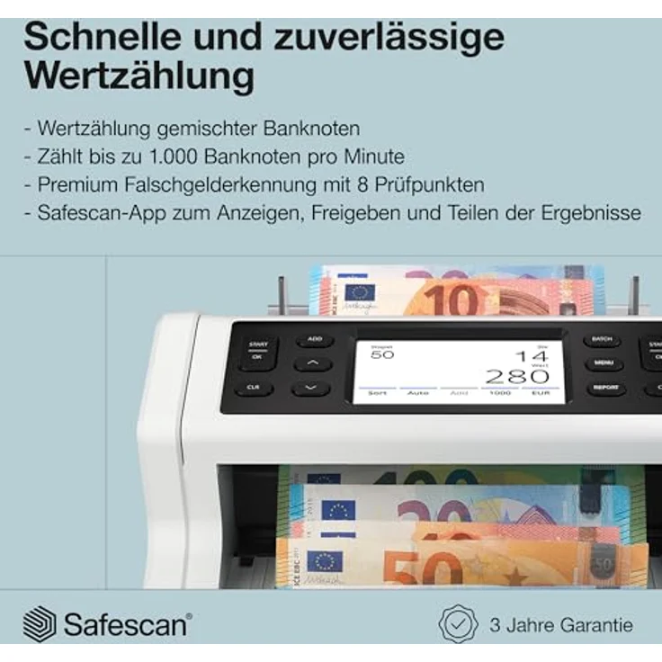 Safescan Banknotenzähler 2485-SC, Geldzählmaschine mit 100 % Falschgelderkennung, Wertzählung für bis zu 40 Währungen, Bluetooth App-Funktion, Touch-Display – Bild 2