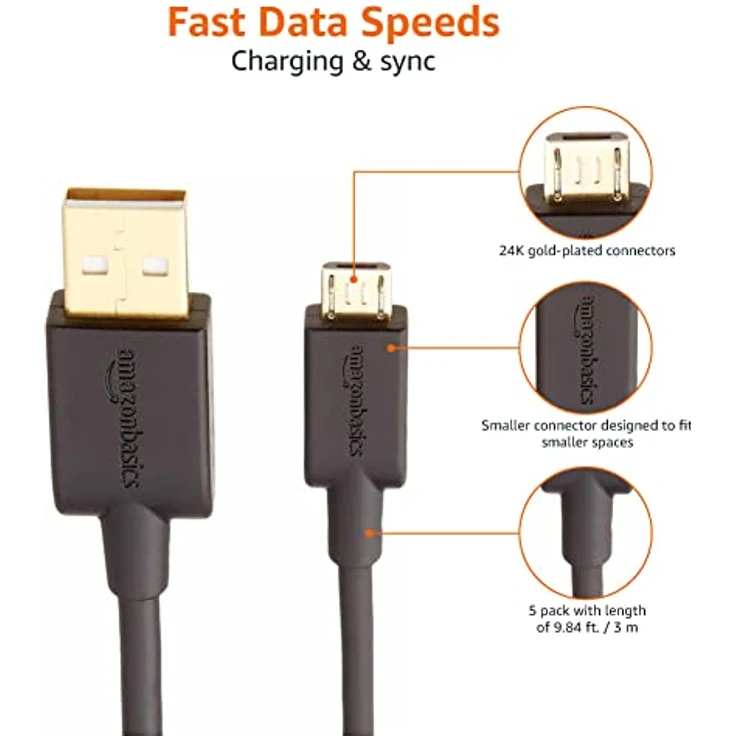 AmazonBasics Verbindungskabel, USB 2.0, USB-A-Stecker auf Micro-USB-B-Stecker, 3 m, Schwarz, 5er Pack - Preisvergleich – Bild 4