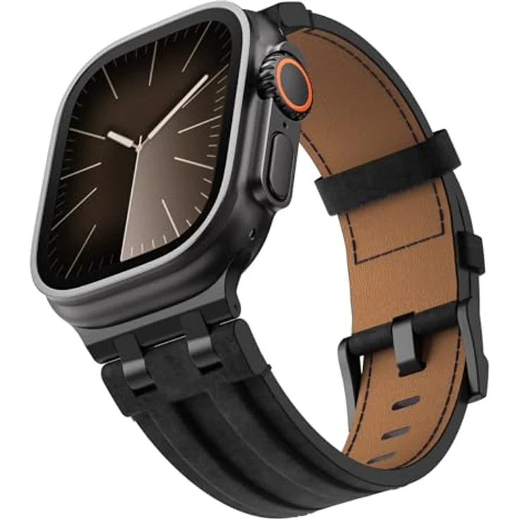 Astorgos Leder Armband für Apple Watch (Ultra 3/2/1 49mm, S11/S10 46mm, 9/8/7 45mm, SE/6/5/4 44mm, 3/2/1 42mm) in Schwarz, Hochwertiges Material mit Metallverschluss, Vintage-Design für Männer und Frauen – Bild 1