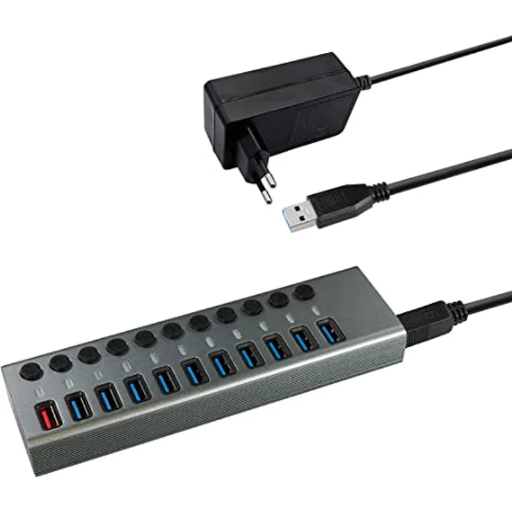 Transmedia CH 12 L USB HUB 3.0, 11 Ports mit Schalter und LED-Anzeige, inklusive 12V / 4A Netzteil, 10xDatenübertragung und 1xSchnellladefunktion, Geeignet für Laptop und PC
