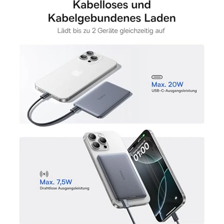Baseus Picogo AM41 Power Bank, Ultra Slim 5000mAh Magsafe Powerbank mit PD 20W Schnellladung, magnetische Externe Batterie, USB-C Kabel, Space Grau – Bild 5