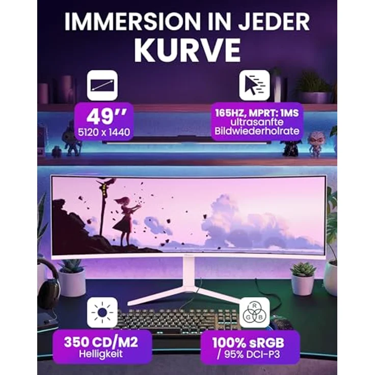 Arozzi Nova 49“ Curved Gaming Monitor, VA 165Hz Ultrawide QHD 1440p, HDR10, flimmerfrei, 100% sRGB, rosa – Bild 2