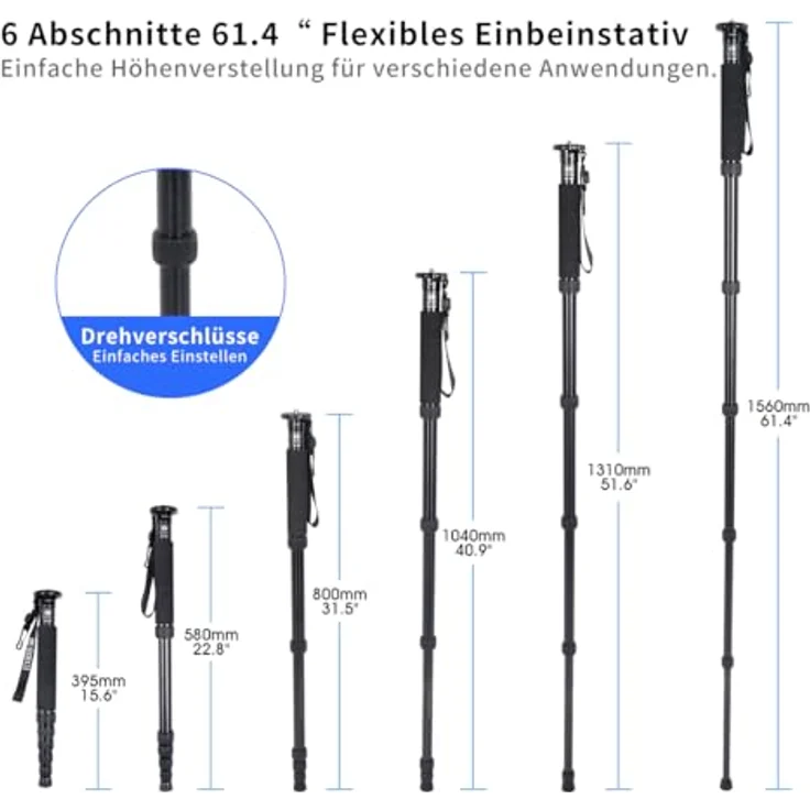 Sirui P-306 Einbeinstativ (Aluminium, Höhe: 155 cm, Gewicht: 0,56 kg, Belastbarkeit: 8 kg, mit Handschlaufe und Karabiner) schwarz – Bild 5