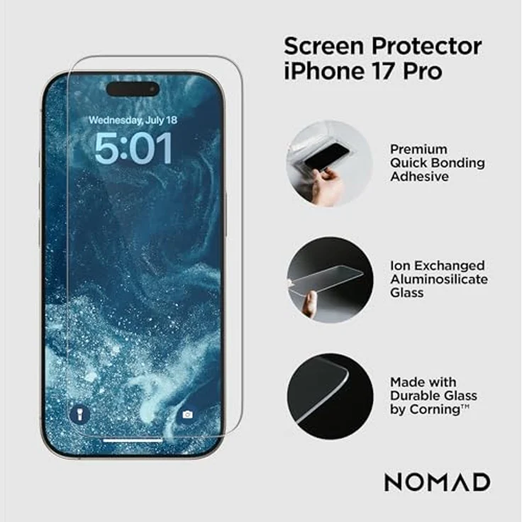 NOMAD Screen Protector für iPhone 17 und iPhone 17 Pro, Aluminium-Silikatglas, selbstklebend, kratzfest, ölabweisend, Face-ID kompatibel – Bild 2