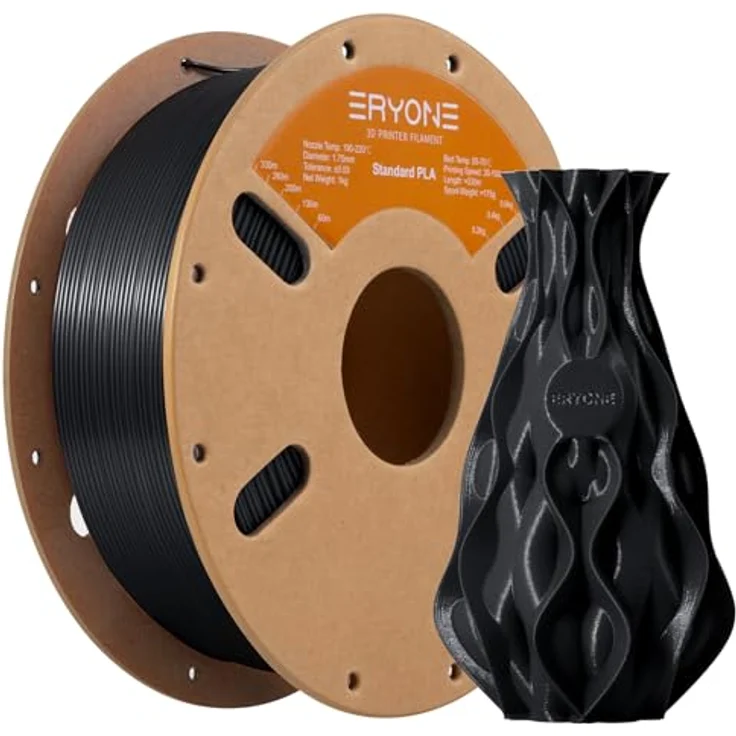 ERYONE PLA Filament 1.75 mm, 3D Drucker Filament mit Maßgenauigkeit +/- 0,03 mm, 1 kg/Spule, Pechschwarz – Bild 1