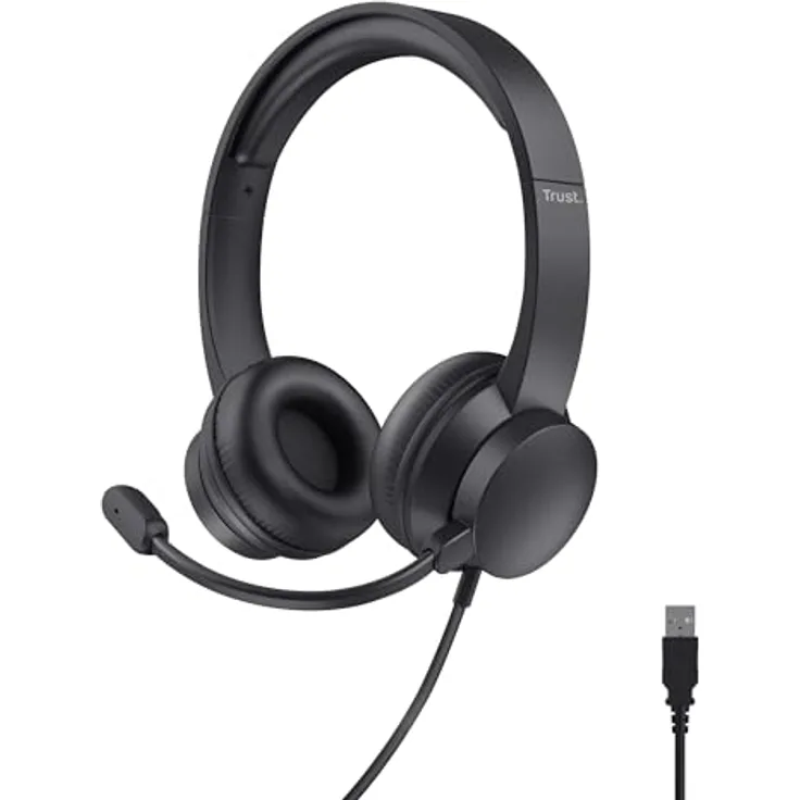 Trust Roha II USB Headset, On-Ear mit Mikrofon, 1,80 m Kabel, leichtes Design für PC, Mac, Skype, Teams, Videokonferenz, Zoom - Schwarz