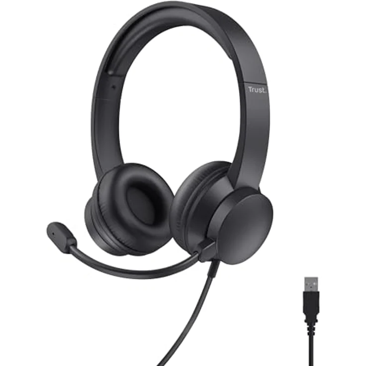 Trust Roha II USB Headset, On-Ear mit Mikrofon, 1,80 m Kabel, leichtes Design für PC, Mac, Skype, Teams, Videokonferenz, Zoom - Schwarz – Bild 1