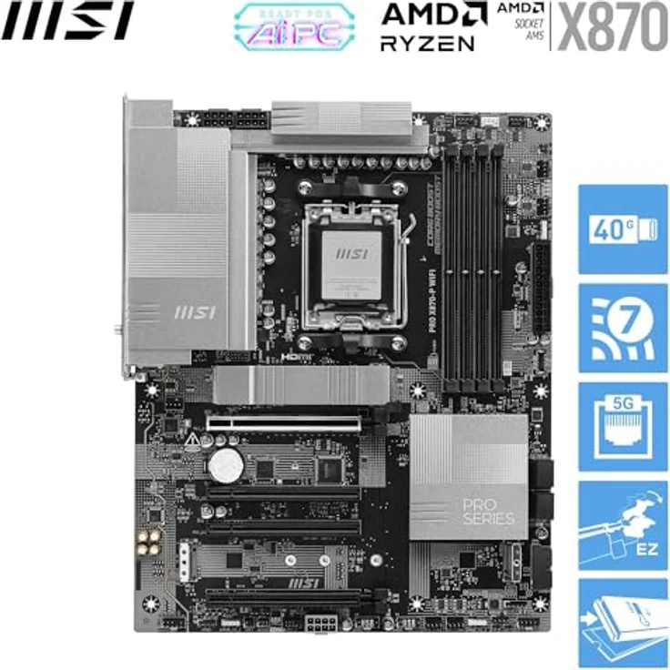 MSI PRO X870-P WiFi Mainboard, ATX - Unterstützt AMD Ryzen 9000/8000/7000 Prozessoren, AM5-60A SPS VR M, DDR5 Memory Boost (8200+ MT/s OC), PCIe 5.0 x16 & 4.0 x16, M.2 Gen5, Wi-Fi 7, 5G LAN, Schwarz – Bild 2