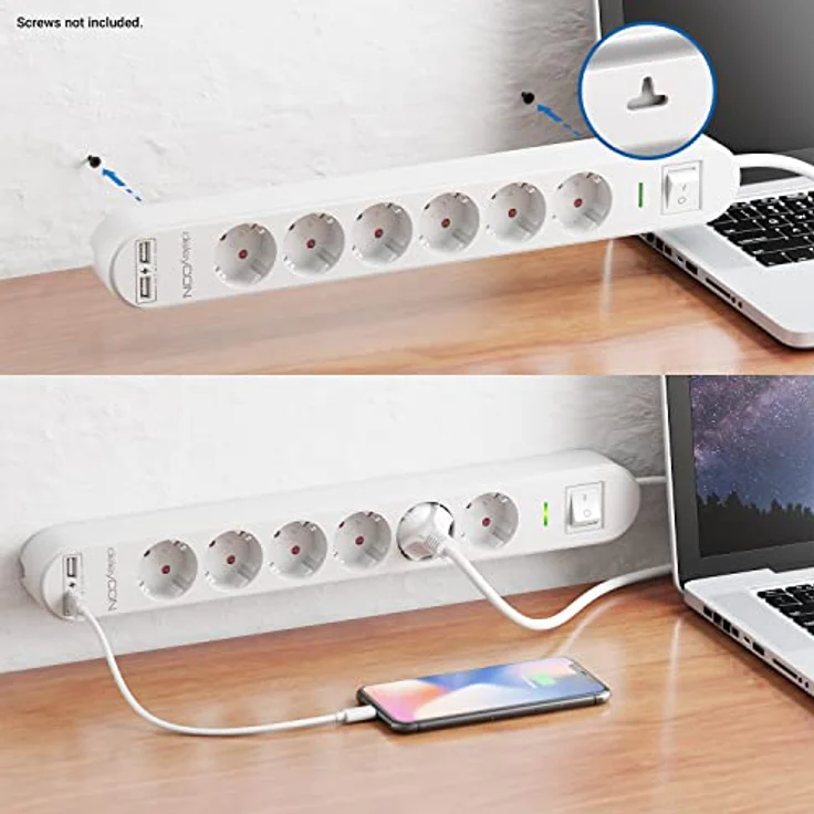 deleyCON 6 Fach Steckdosenleiste mit USB-A und EIN/AUS Schalter, Weiß – Bild 3