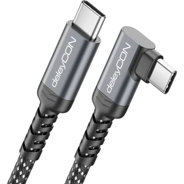 deleyCON 1m 240W USB-C Kabel Winkel 90 Grad, Schnellladekabel USB-C auf USB-C mit PD 3.0, geflochtenes Nylon, kompatibel mit iPhone 17, Galaxy S25, iPad, MacBook, PS5 – Bild 1