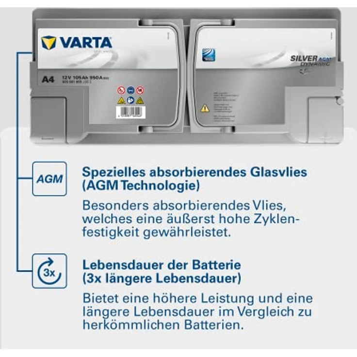 VARTA A4 Silver Dynamic AGM 12V 105Ah 950A Autobatterie für Start-Stop-Systeme, auslaufsicher und rüttelfest – Bild 6