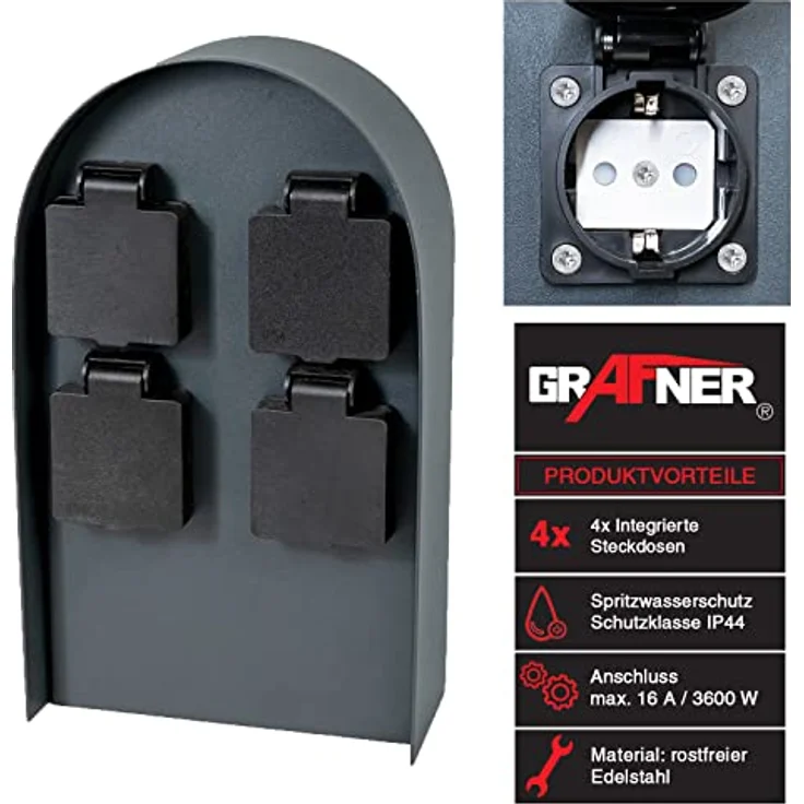 Grafner Edelstahl Design Gartensteckdose mit 4 Steckdosen, 3600 Watt, IP44 in anthrazit, Energiesäule 4-Fach schwarz – Bild 2
