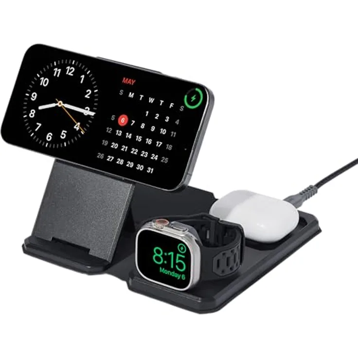 URBAN ARMOR GEAR SRGE 3in1 Reise-Ladegerät faltbar Schwarz/Grau, iPhone/AirPods/Apple Watch Wireless-Charger, Magnetisch, Inkl. Tasche/USB-C auf USB-C Kabel/globaler Netzadapter