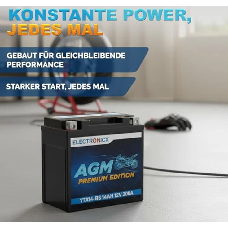 Electronicx YTX14-BS AGM Motorradbatterie 14Ah 12V 210A, wartungsfrei, rüttelfest, auslaufsicher für Motorrad, Roller, Quad und ATV – Bild 4