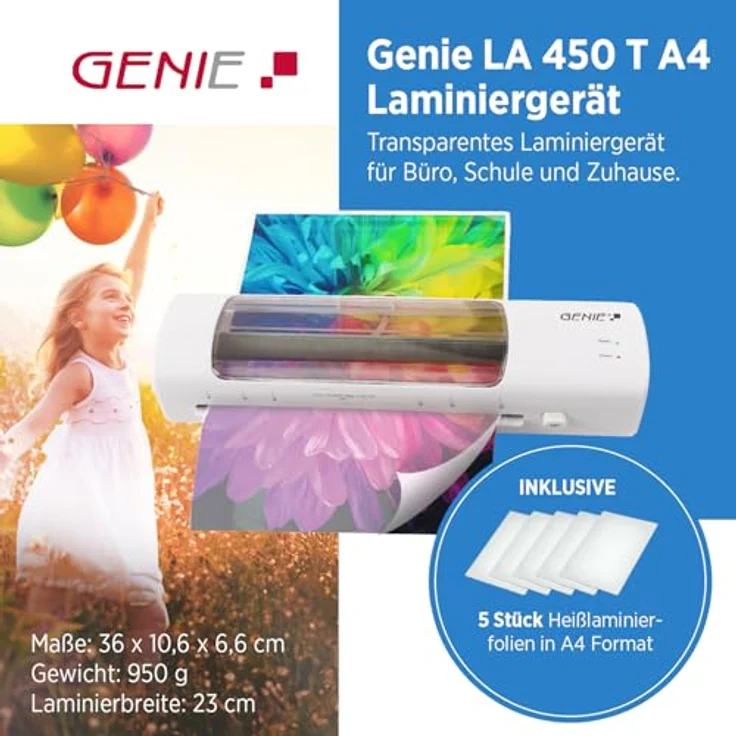 Genie LA 450 T, Laminiergerät für A4 Dokumente, LED-Sichtfenster, 80-125 µm, ABS-Funktion, 230 mm Arbeitsbreite – Bild 2
