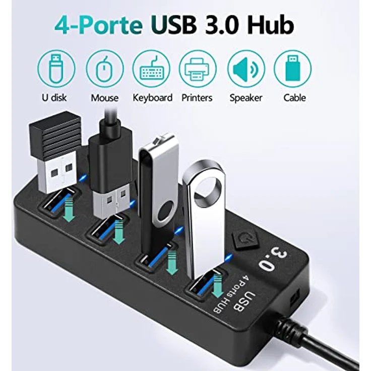 Hoppac USB-Hub, 4 Ports USB-Splitter mit unabhängigen Schalterungen, 1 USB-3.0-Anschlüsse, 3 USB-2.0-Adapter für PC, mit LED-Licht, mehrfacher USB-Buchse für schnelle Datenübertragung, Schwarz – Bild 3