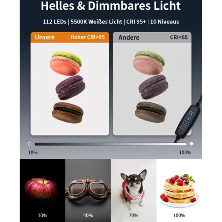 DUCLUS Fotobox zum Fotografieren, 30x30 cm Photobox zum Produktfotografie, Faltbare Mini Fotostudio Set mit Dimmbare 112 LEDs, 8 Glänzende Hintergründe für Lichtzelt zum Schmuck Kleine Gegenstände – Bild 3
