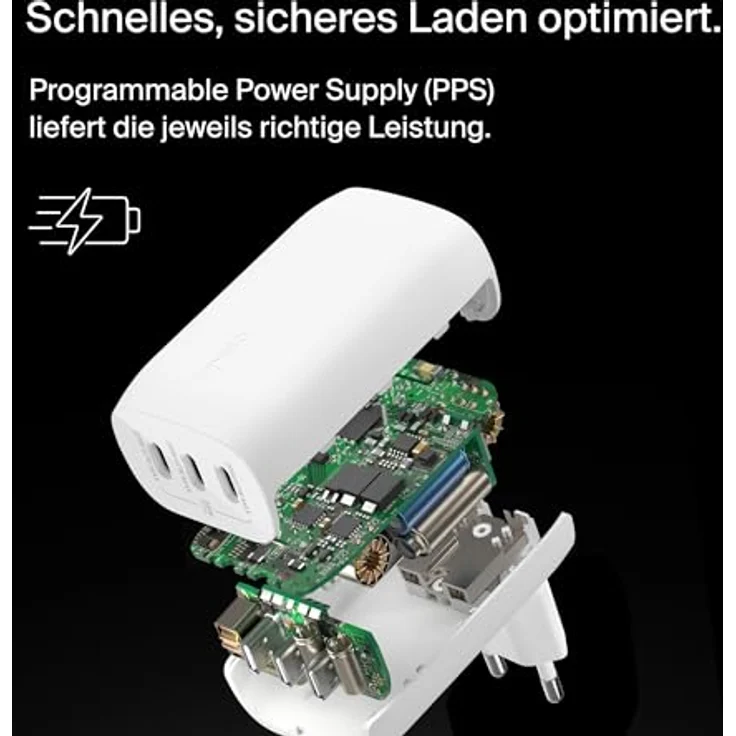 Belkin BoostCharge USB-C-Ladegerät mit DREI Anschlüssen und PPS (67 W), USB-C PD 3.1-iPhone-Schnellladegerät für die iPhone 15-Serie, MacBook Pro, AirPods, Galaxy und andere PD-fähige Geräte – Weiß – Bild 4