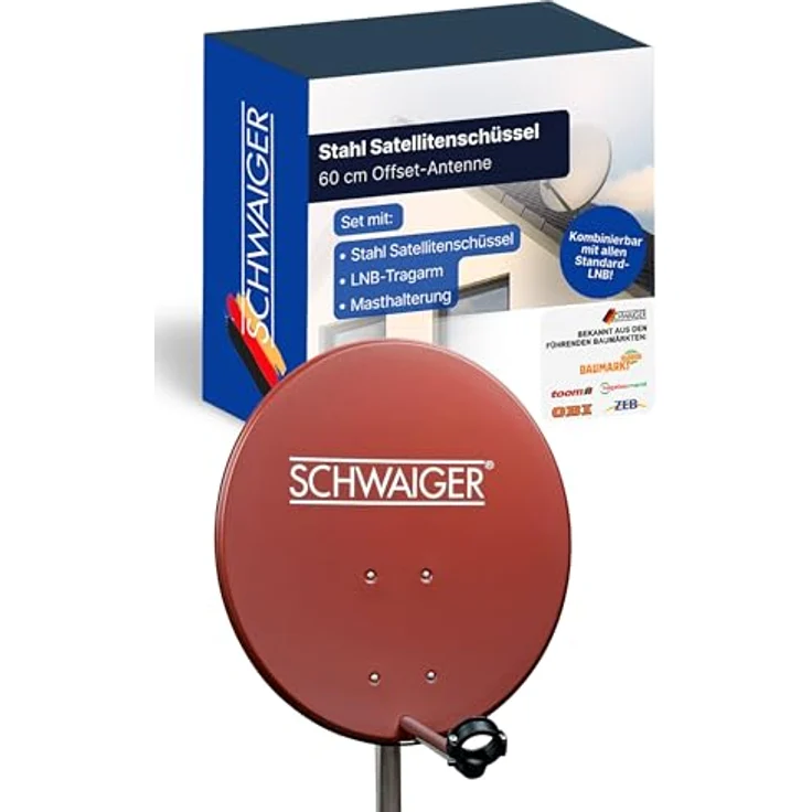 SCHWAIGER Satellitenschüssel Ø 55 cm Stahl Offset Antenne in Ziegelrot, wetterfest, Multifeed geeignet, maximale Empfangsleistung 35,2 dB – Bild 1