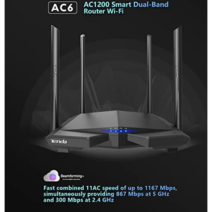 Tenda AC6 AC1200 Dual-Band WLAN-Router (1200 MBit/s, 2,4Ghz & 5Ghz, 4x 10/100 Ports, QoS, Beamforming+, Vier Antennen, App Verwaltung) schwarz – Bild 3