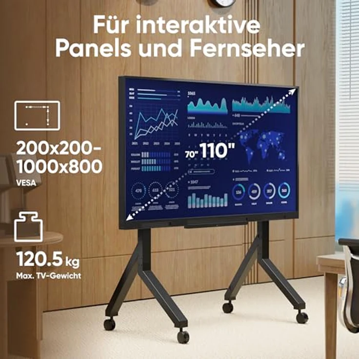 ONKRON TS2081-B, mobiler TV Ständer rollbar für 70-110 Zoll Fernseher, max. 125 kg, VESA 200x200-1000x800, mit Ablage, Schwarz – Bild 3